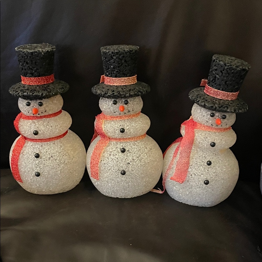 Festive Vintage Melted Plastic light-up Christmas Snowmen Trio